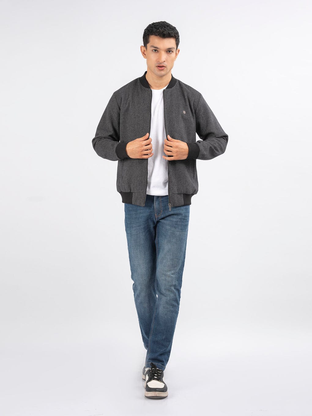 Dark Grey Herringbone Structured Wool Bomber Jacket