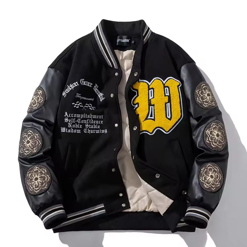 Black varsity jacket with gold letter 'D' and decorative elements on a white background